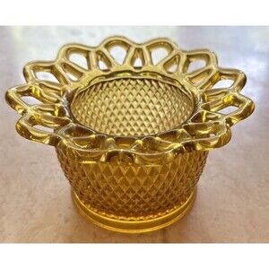 Vintage 1930s Imperial Glass Amber Diamond Point Open Lace Edge Vase Bowl 5.5"